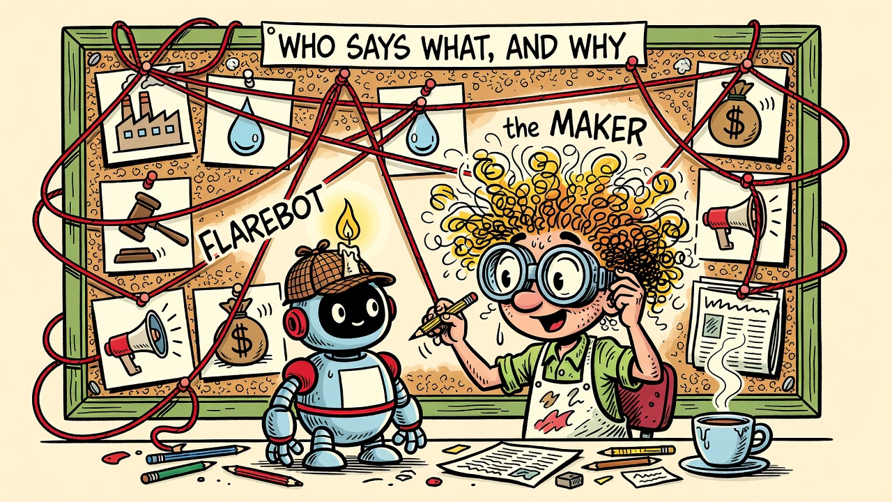Cartoon: a robot detective and a maker study a corkboard of index cards — a power plant, a water drop, a gavel, a money bag, a megaphone — connected by string, under a banner reading WHO SAYS WHAT, AND WHY.