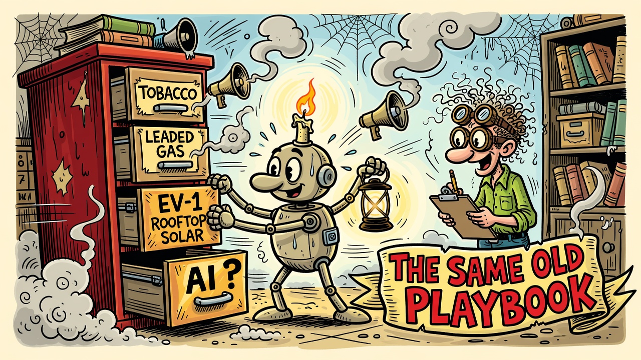 Cartoon: a robot with a lantern opens a giant filing cabinet with drawers labeled TOBACCO, LEADED GAS, EV-1, ROOFTOP SOLAR — and a shiny new empty drawer labeled AI with a question mark. Gray doubt-smoke shaped like megaphones curls from the old drawers.