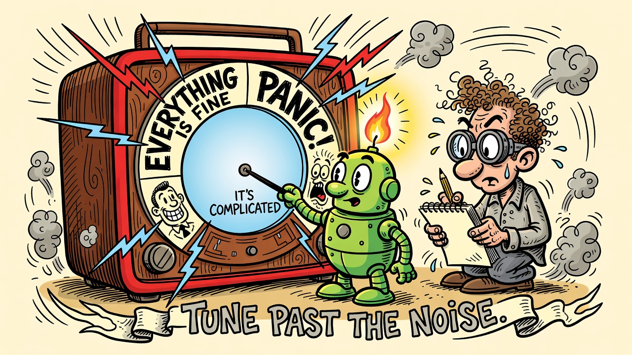 Cartoon: a robot tunes a huge old radio whose dial runs from EVERYTHING IS FINE (a grinning salesman) to PANIC! (a screaming face); the needle rests on a small station in the middle labeled IT'S COMPLICATED.