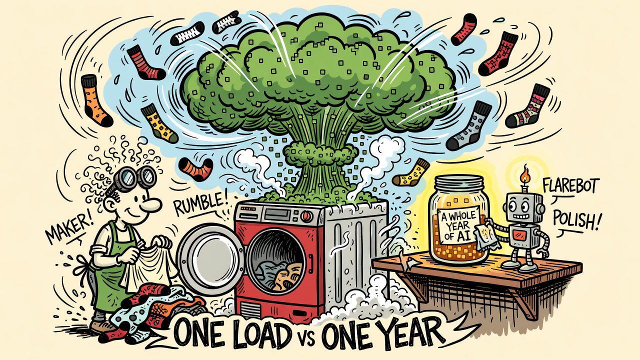 Cartoon: a dryer erupts a huge green cloud of squares while a tiny jar on a shelf holds a whole year of AI, which the robot polishes proudly.