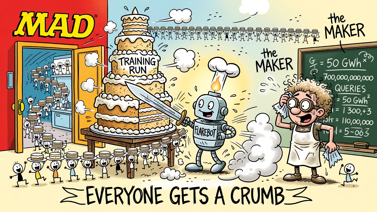 Cartoon: a colossal cake labeled TRAINING RUN is sliced into billions of paper-thin slices stretching over the horizon; the maker checks the math on a chalkboard.