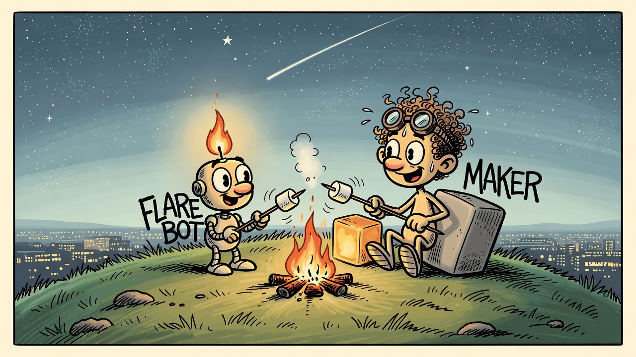 Cartoon: the robot and the maker roast marshmallows at a hilltop campfire at night; a small amber square and a big gray block lean against each other like old friends, a distant city grid glowing below.