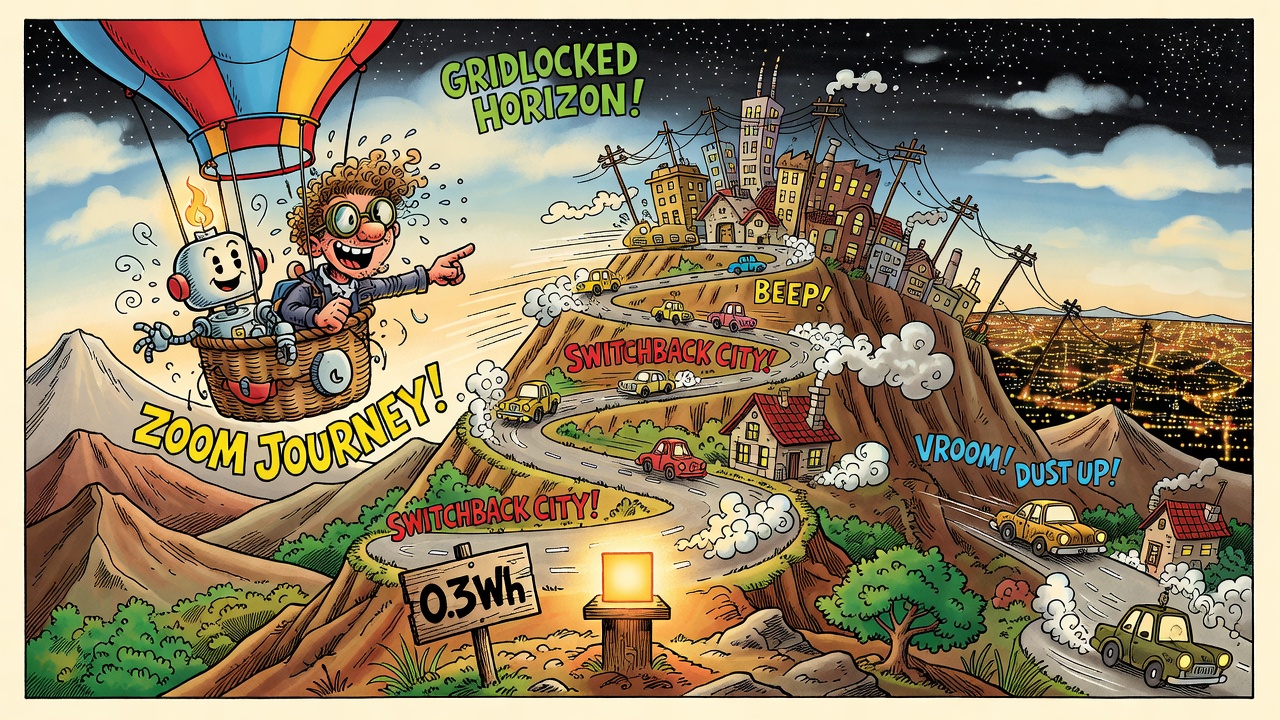 Cartoon panorama: a robot and a maker in a hot-air balloon look down a winding mountain road that climbs from a single glowing square marked 0.3 Wh in the valley, past a house, a highway, and a city, to a glowing grid on the horizon.