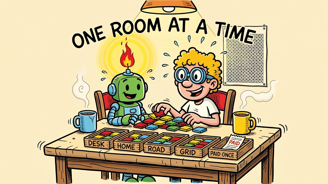 Cartoon: a small robot and a maker calmly sort colored squares into trays labeled DESK, HOME, ROAD, GRID and a separate tray labeled PAID ONCE, under a banner reading ONE ROOM AT A TIME.